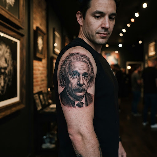 Tatuaje retrato realista de Albert Einstein en brazo por Inmortal Tattoo Corrientes